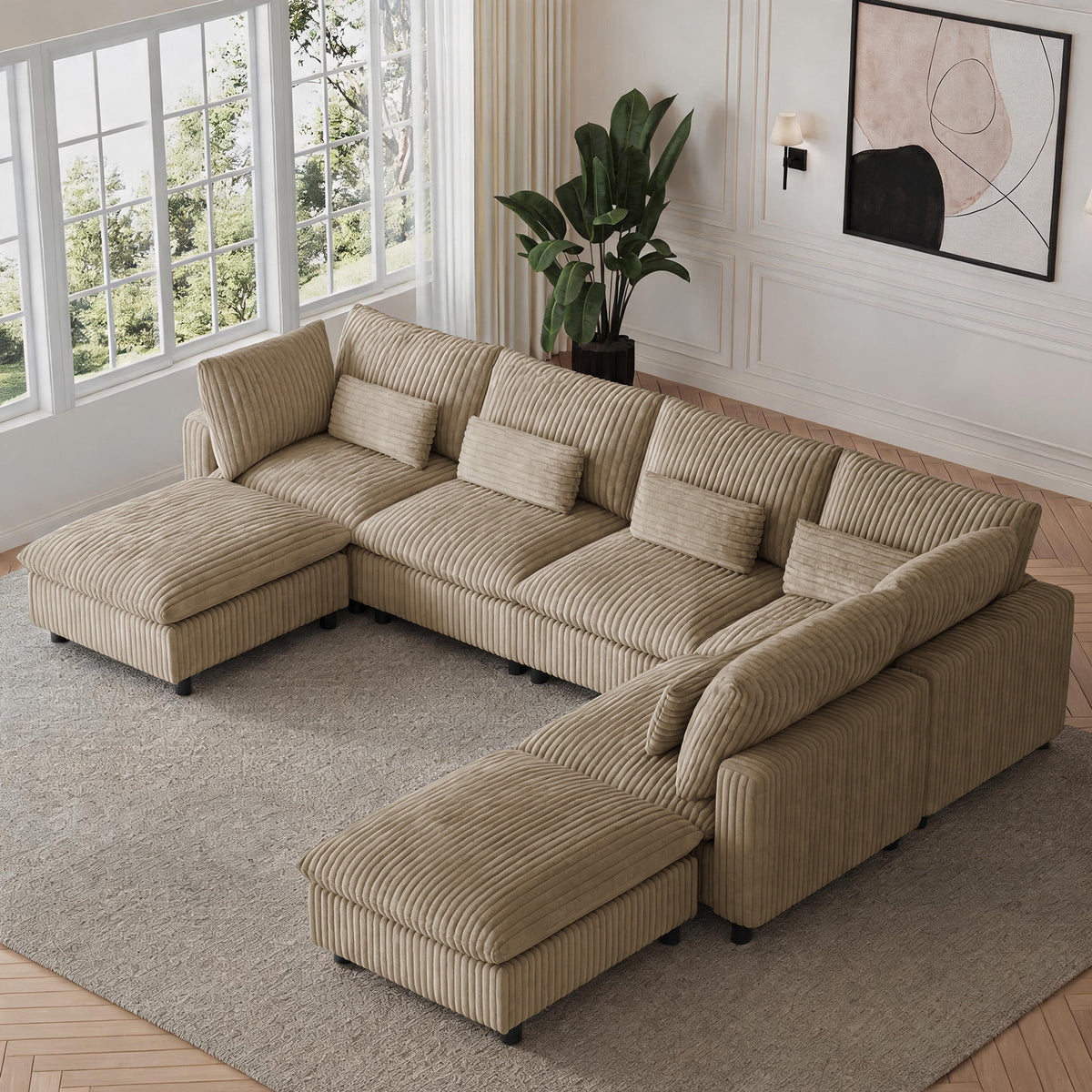 SOLIA 130" 6-Seat U-Shaped Cloud Modular Sectional Couch Corduroy with Storage Ottoman & USB Charging