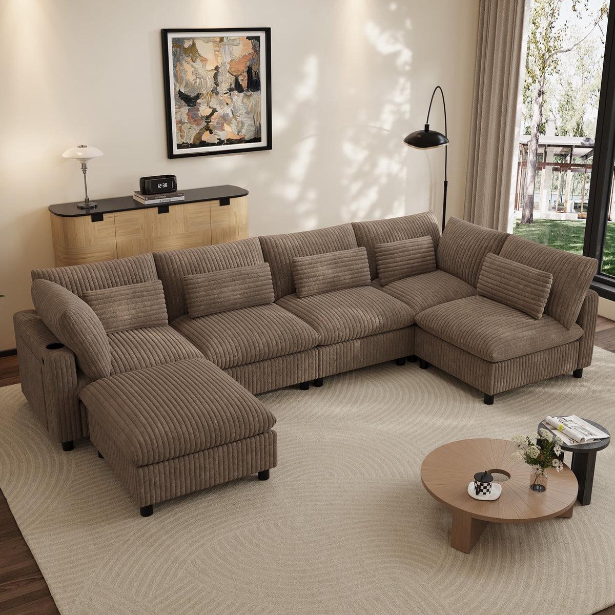 SOLIA 130" 6-Seat U-Shaped Cloud Modular Sectional Couch Corduroy with Storage Ottoman & USB Charging