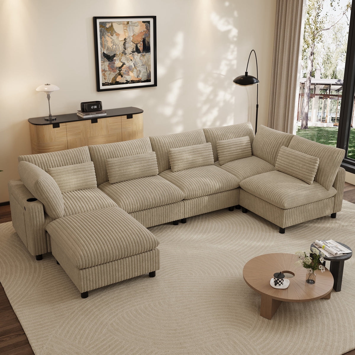 SOLIA 130" 6-Seat U-Shaped Cloud Modular Sectional Couch Corduroy with Storage Ottoman & USB Charging