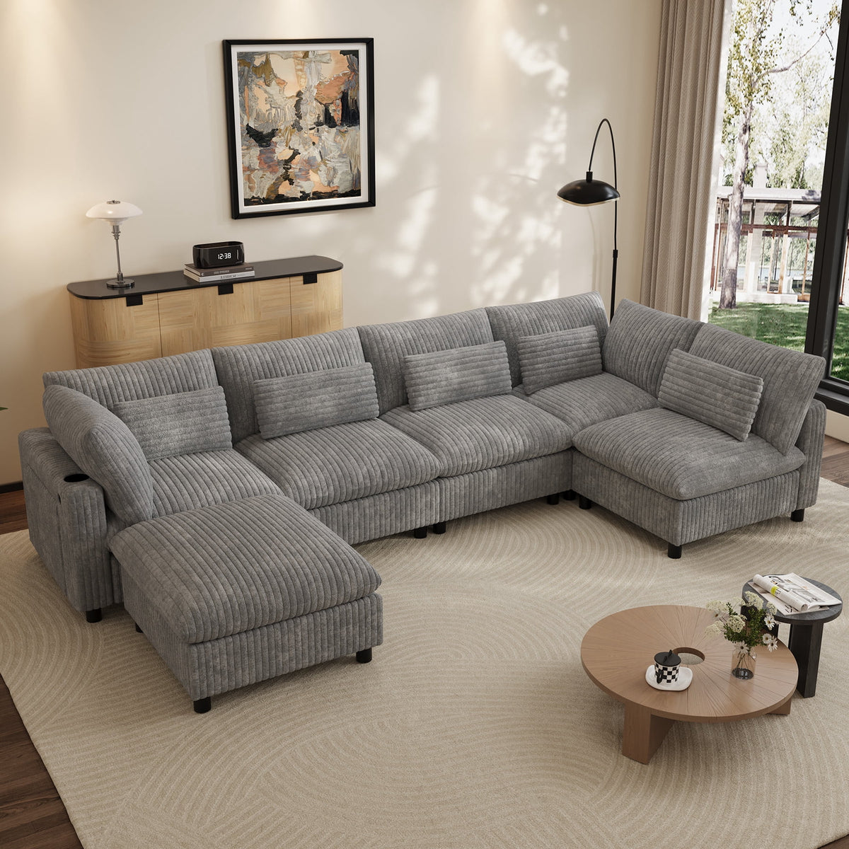 SOLIA 130" 6-Seat U-Shaped Cloud Modular Sectional Couch Corduroy with Storage Ottoman & USB Charging