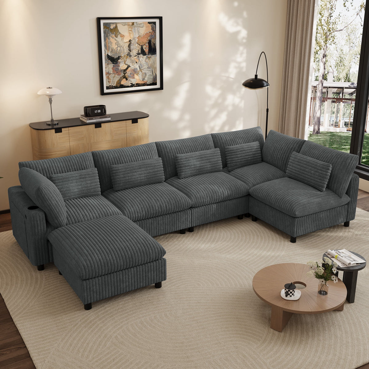 SOLIA 130" 6-Seat U-Shaped Cloud Modular Sectional Couch Corduroy with Storage Ottoman & USB Charging