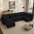Wiilayok 130" Corduroy U-Shaped Modular Sectional Sofa 6-Seat Cloud Fluffy Couch Set for Living Room with Ottoman, USB Port, Cup Holder, Storage, Black