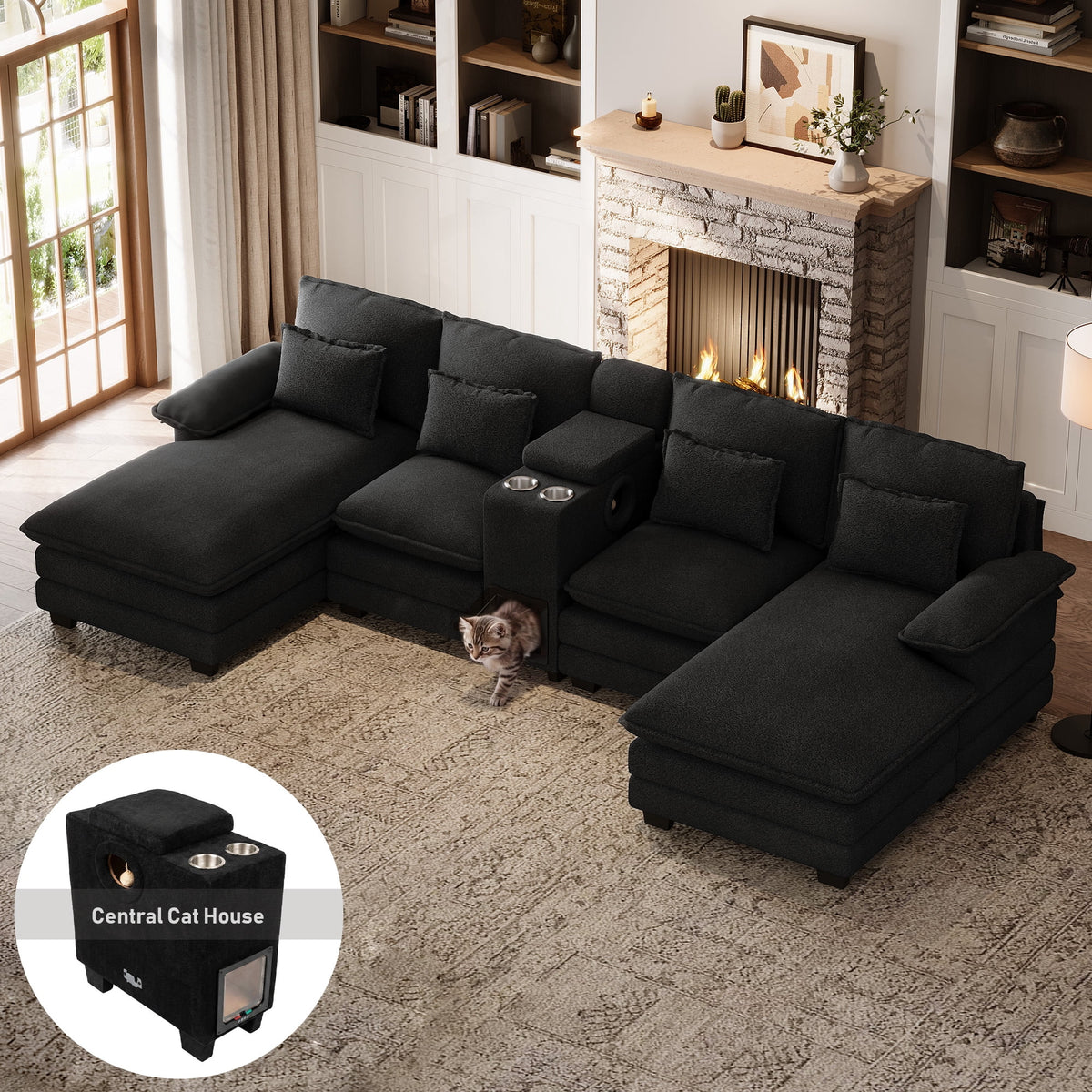 SOLIA 133" U-Shaped Cloud Modular Sectional Couch Chenille with USB Charging & Cup Holders