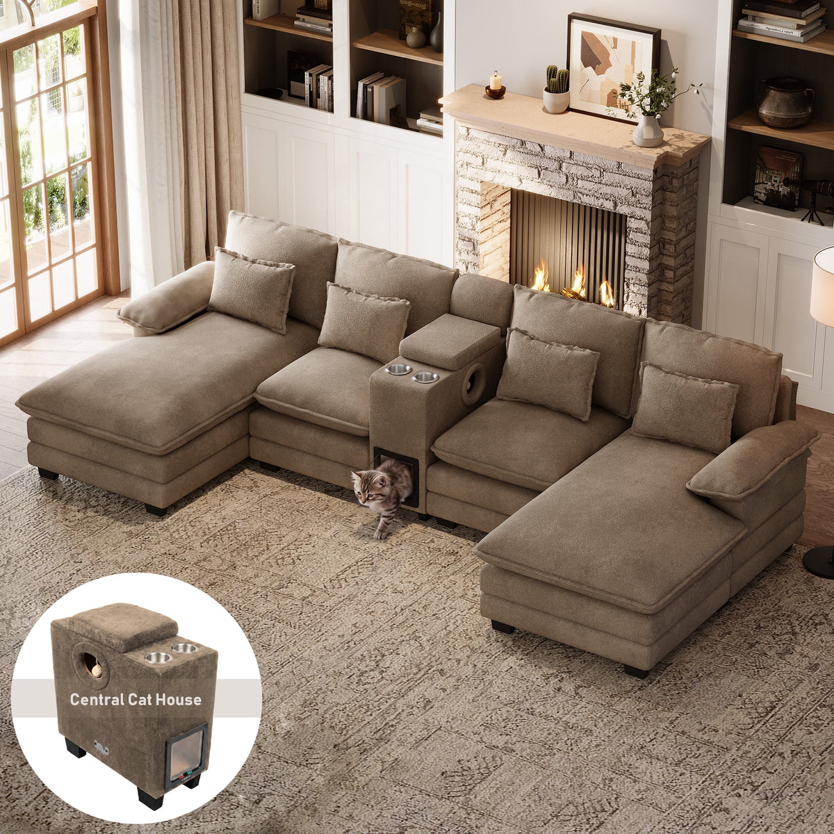 SOLIA 133" U-Shaped Cloud Modular Sectional Couch Chenille with USB Charging & Cup Holders