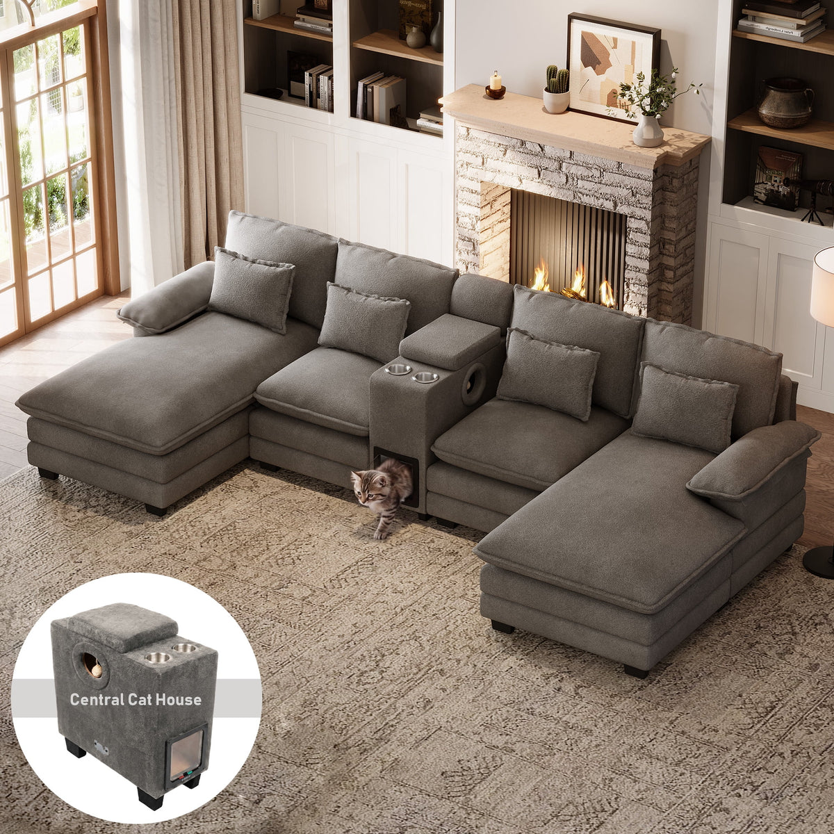 SOLIA 133" U-Shaped Cloud Modular Sectional Couch Chenille with USB Charging & Cup Holders