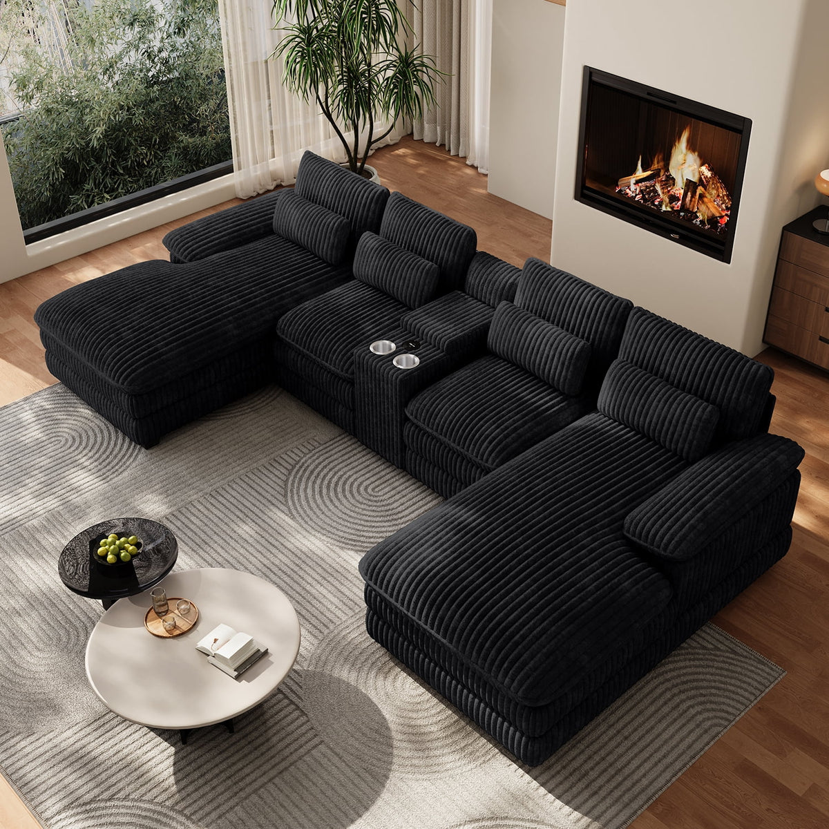SOLIA 133" U-Shaped Cloud Modular Sectional Couch Chenille with USB Charging & Cup Holders
