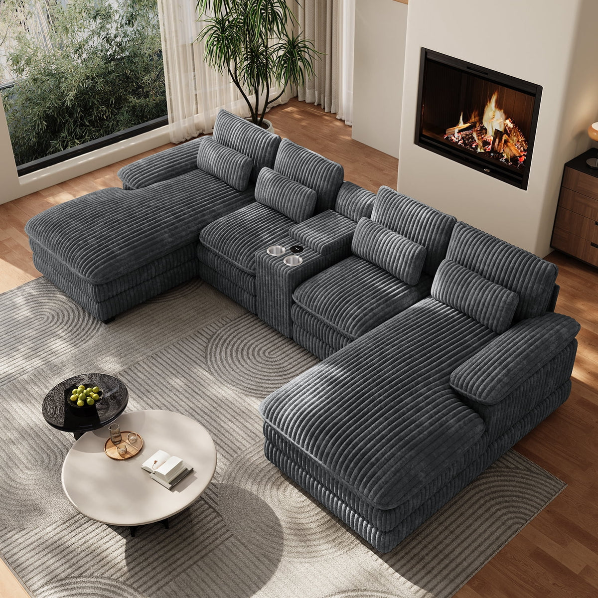 SOLIA 133" U-Shaped Cloud Modular Sectional Couch Chenille with USB Charging & Cup Holders