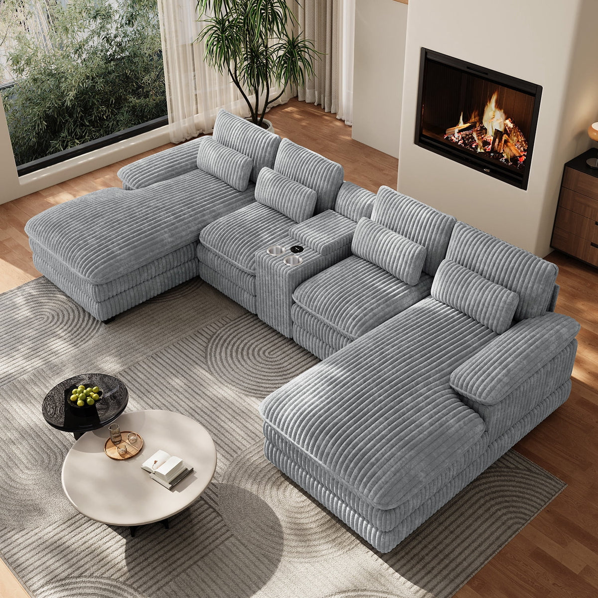 SOLIA 133" U-Shaped Cloud Modular Sectional Couch Chenille with USB Charging & Cup Holders