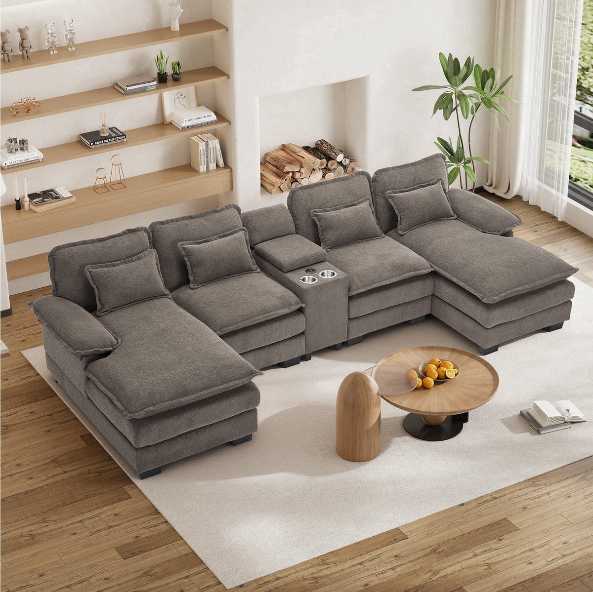SOLIA 133" U-Shaped Cloud Modular Sectional Couch Chenille with USB Charging & Cup Holders