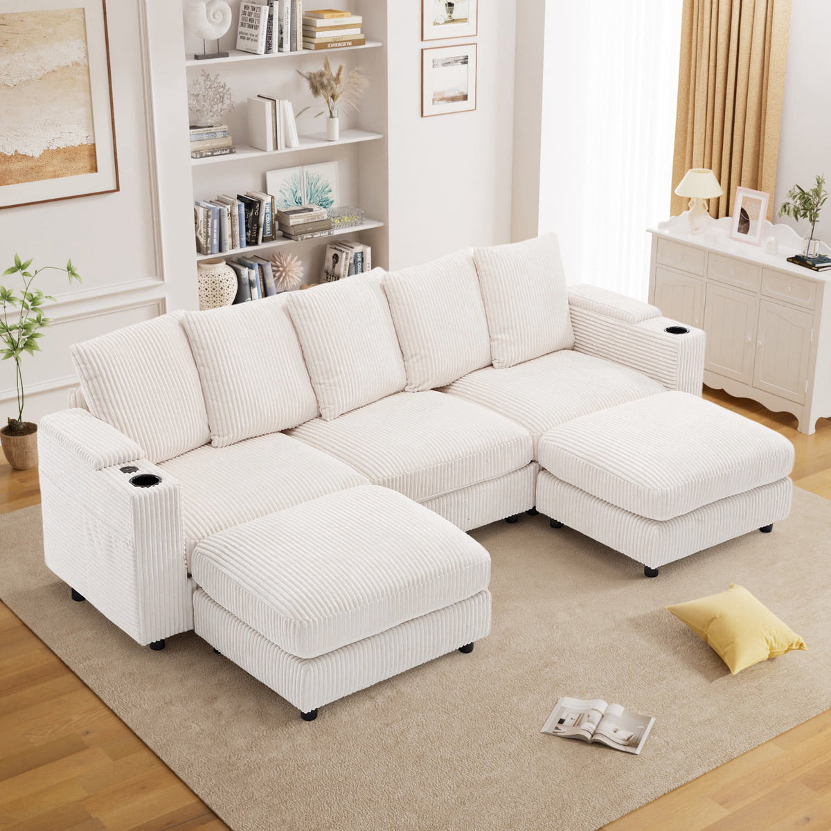 SOLIA 110" U-Shaped Cloud Modular Sectional Couch Corduroy with Storage Ottoman & USB Charging