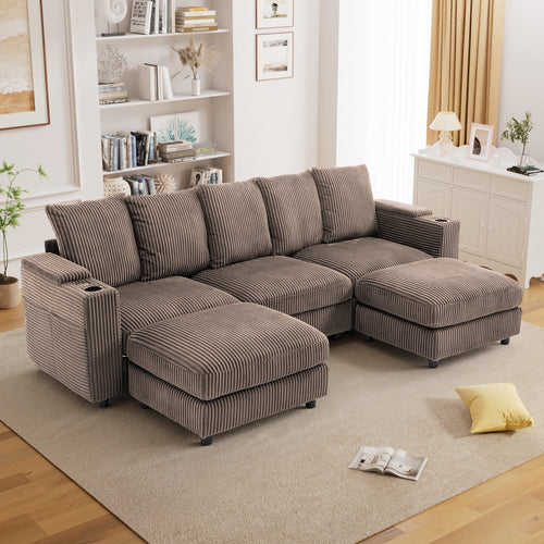 Wiilayok 110" Oversized U-Shaped Cloud Couch Sectional with Modular Design for Living Room: Comfy Corduroy, Ottoman, USB Port, Cup Holder, Armrest Storage, Side Pocket, Brown