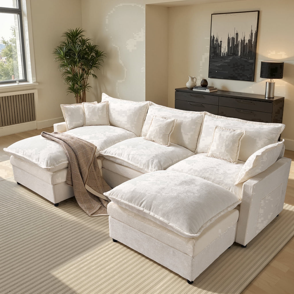 XIZZI 107.9" Modular Sectional Sofa with Double Ottomans, Deep Seat Cloud Couch with Chenille Fabric, Dual Thick Cushions and Solid Wood Frame for Living Room-Beige