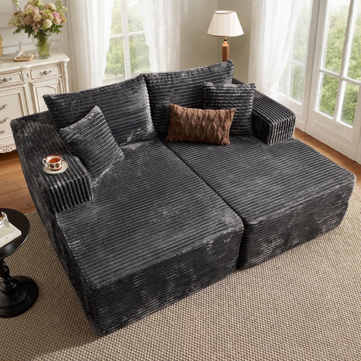 XIZZI Oversized Chaise Lounge Chair Indoor Double, Modular Sectional Sofa with Plush Corduroy, Sleeper Sofa Boneless Couch for Living Room Bedroom, No Assembly Required, Gray