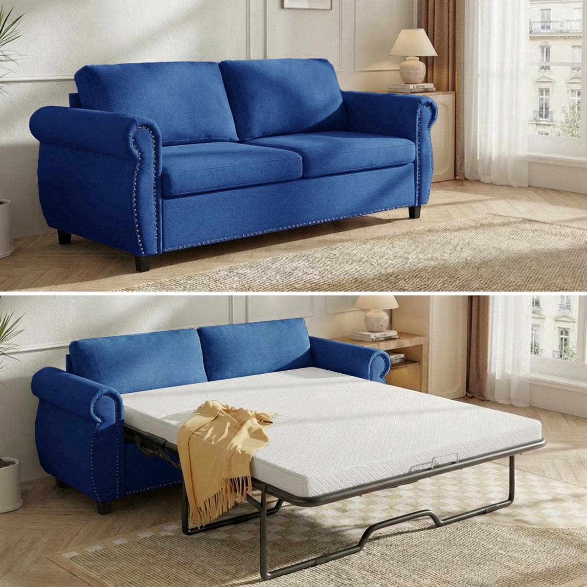  2-in-1 Full Size Pull Out Sofa Bed | Convertible Loveseat with Mattress | Sleeper Sofa Couch for Living Room - Blue