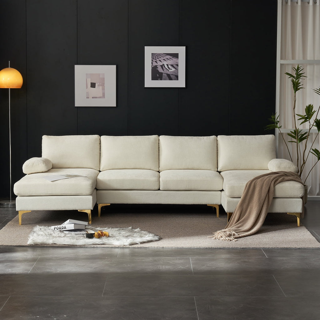 Zimtown Convertible Sectional Sofa,U Shaped Couch with Double Reversible Chaise, Chenille Fabric Fabric Sectional Couch with Metal Feet Beige