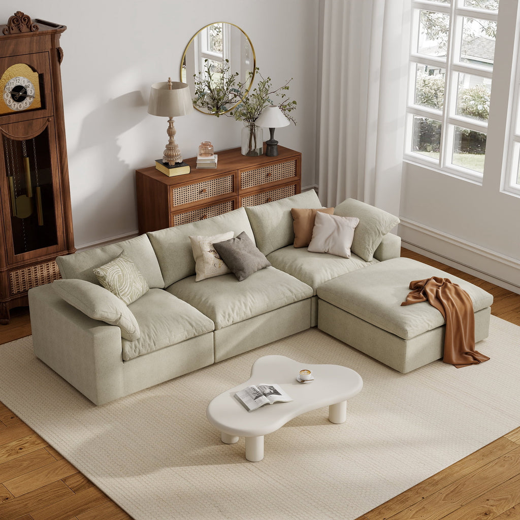The Magic Home 118" Sofa Couch, Cloud Modular Sectional Sofa with Removable Storage Ottoman, L Shaped Linen Modern Comfy for Living Room, Apartment, Office, DIY Combination, 3 Seater Khaki Couch