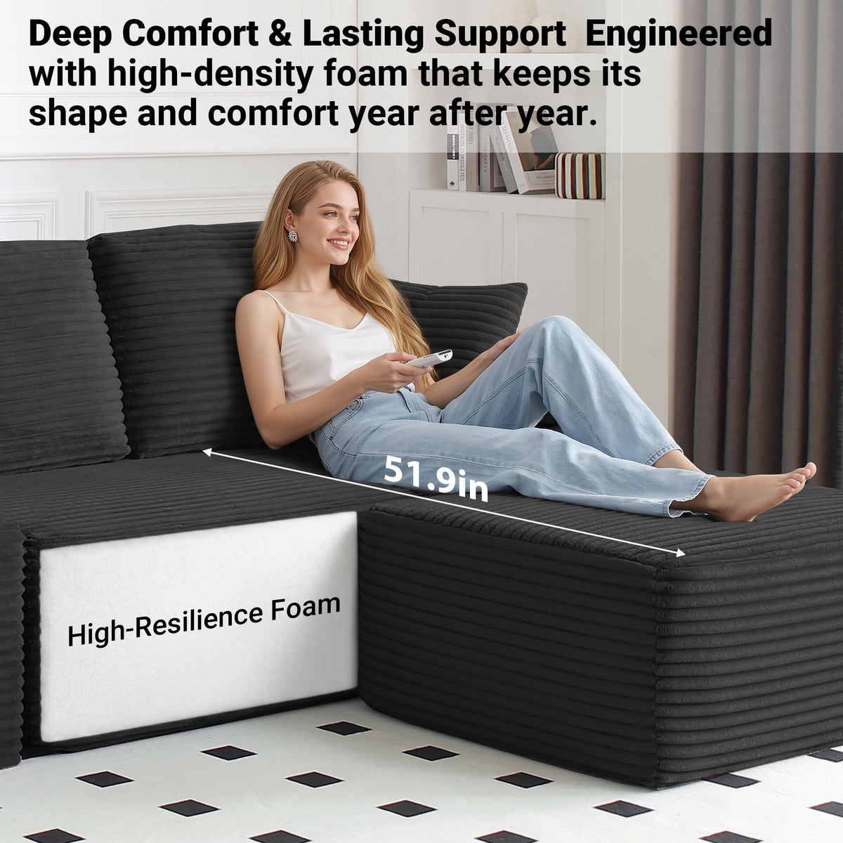  150" Modular Sectional Sofa Couch for Living Room, Corduroy Boneless Sofas, Oversized Modern Cloud Couch, U Shape Couches Deep Seat with USB Ports and Cup Holders, Black