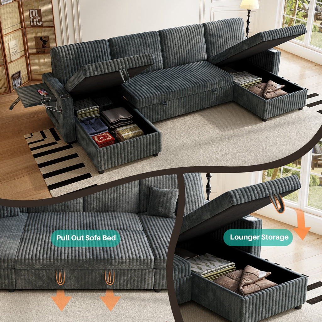 110" U Shaped Couch,Sleeper Sectional Sofa, Convertible Cloud Sofa with Pull Out Bed,Modular Couch with Double Storage Chaise, Small Desktop,USB (Corduroy,Dark Grey)