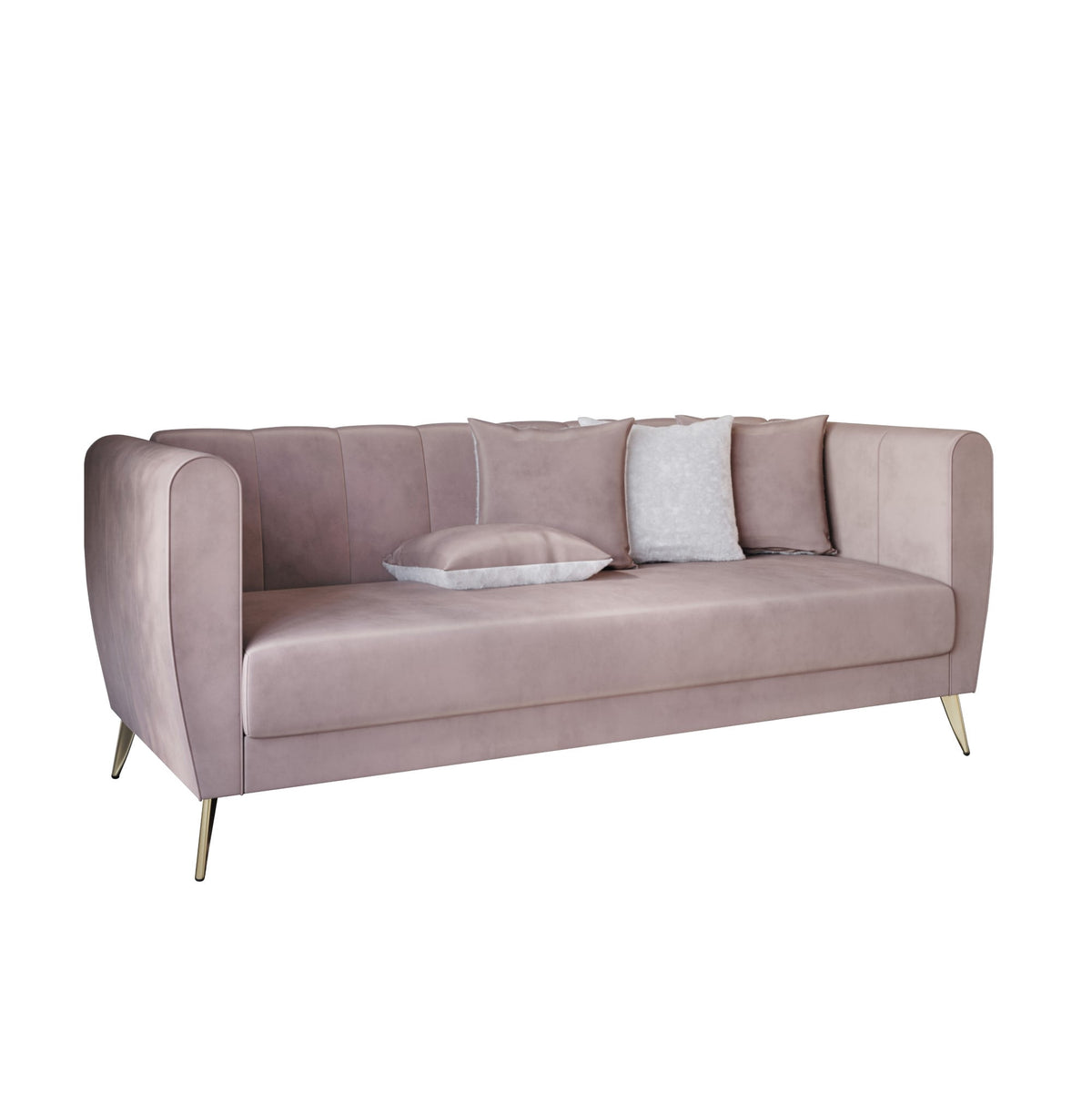 Home Design Scarlett Velvet Flared Arm 3-Seater Sofa with 4 Throw Pillows, Vertical Channel Tufting and Metal Legs, Modern Luxury, Pink
