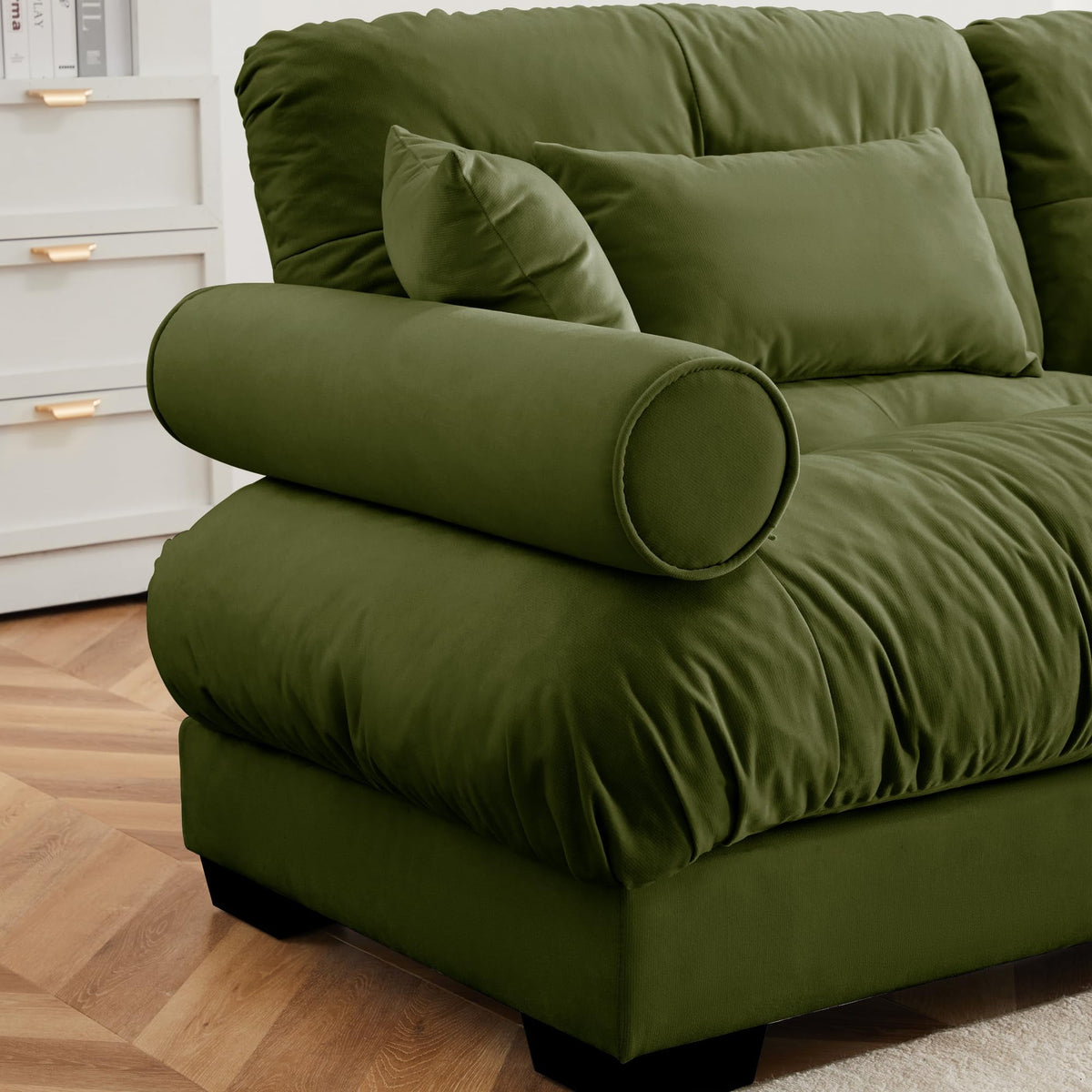 Oversized Modular Velvet Sectional Sofa with Movable Ottoman - Olive Green, Deep Seat Cloud Couch for Living Room