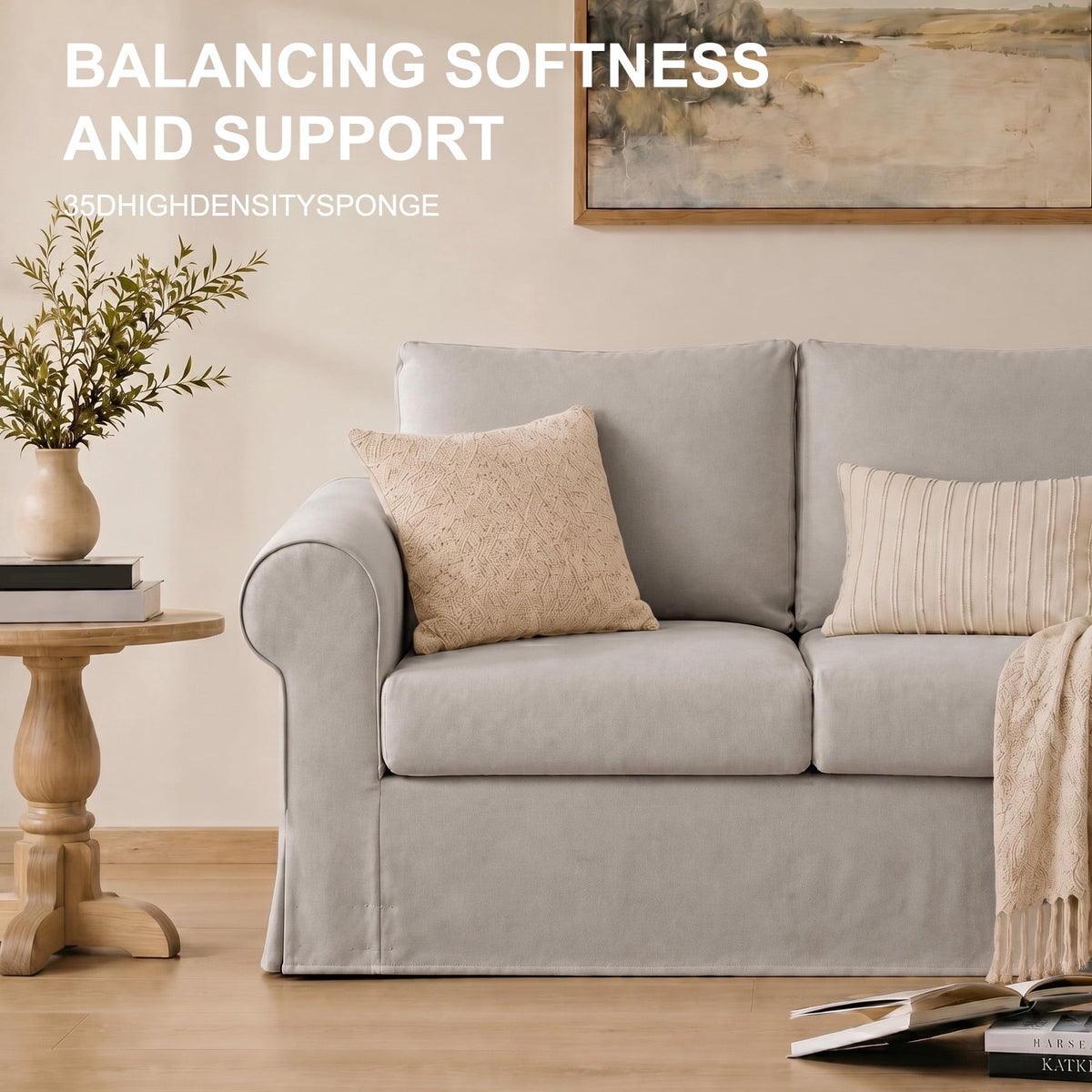 Vorthio Life 89" Farmhouse 3-Seater Sofa, Deep Seat Couch with High Back Support, Washable Removable Cover, Rolled Arms, Gray