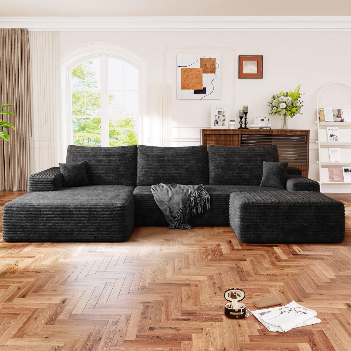 Muumblus 107" Cloud Sectional Sofa with Left Chaise, Cozy U-Shaped Modular Sofa with Ottoman, Plush Corduroy Sleeper Bed Couch, No Assembly Required, Black