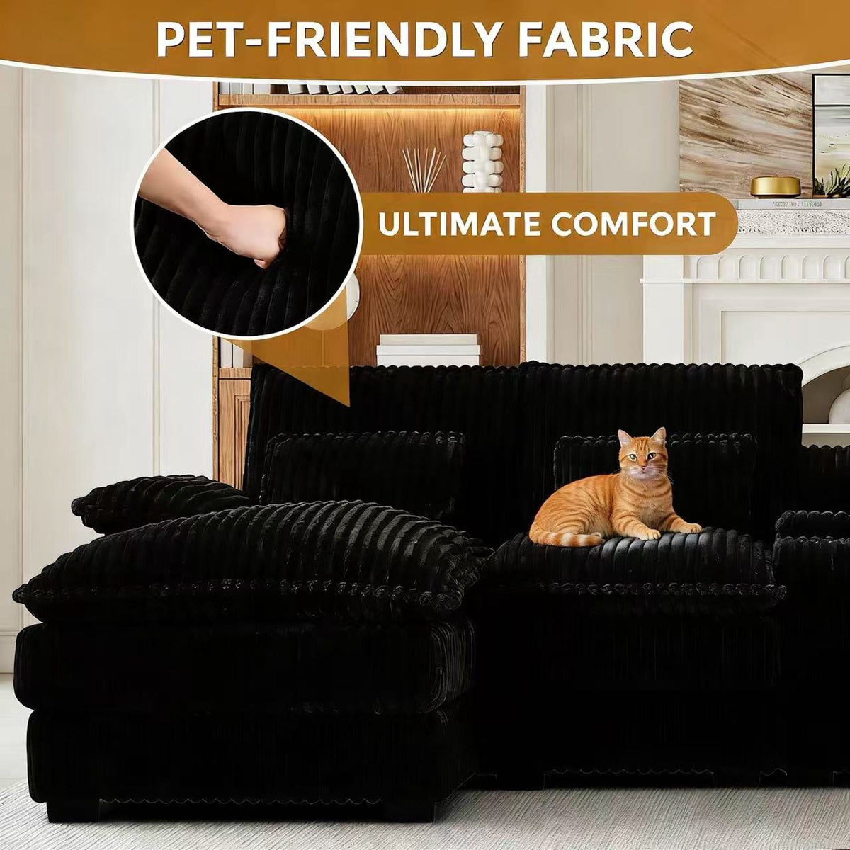 Vinform 124" U Shaped Cloud Couch Sectional with USB Charging, Hidden Storage, Cup Holders & Double Chaise, Black