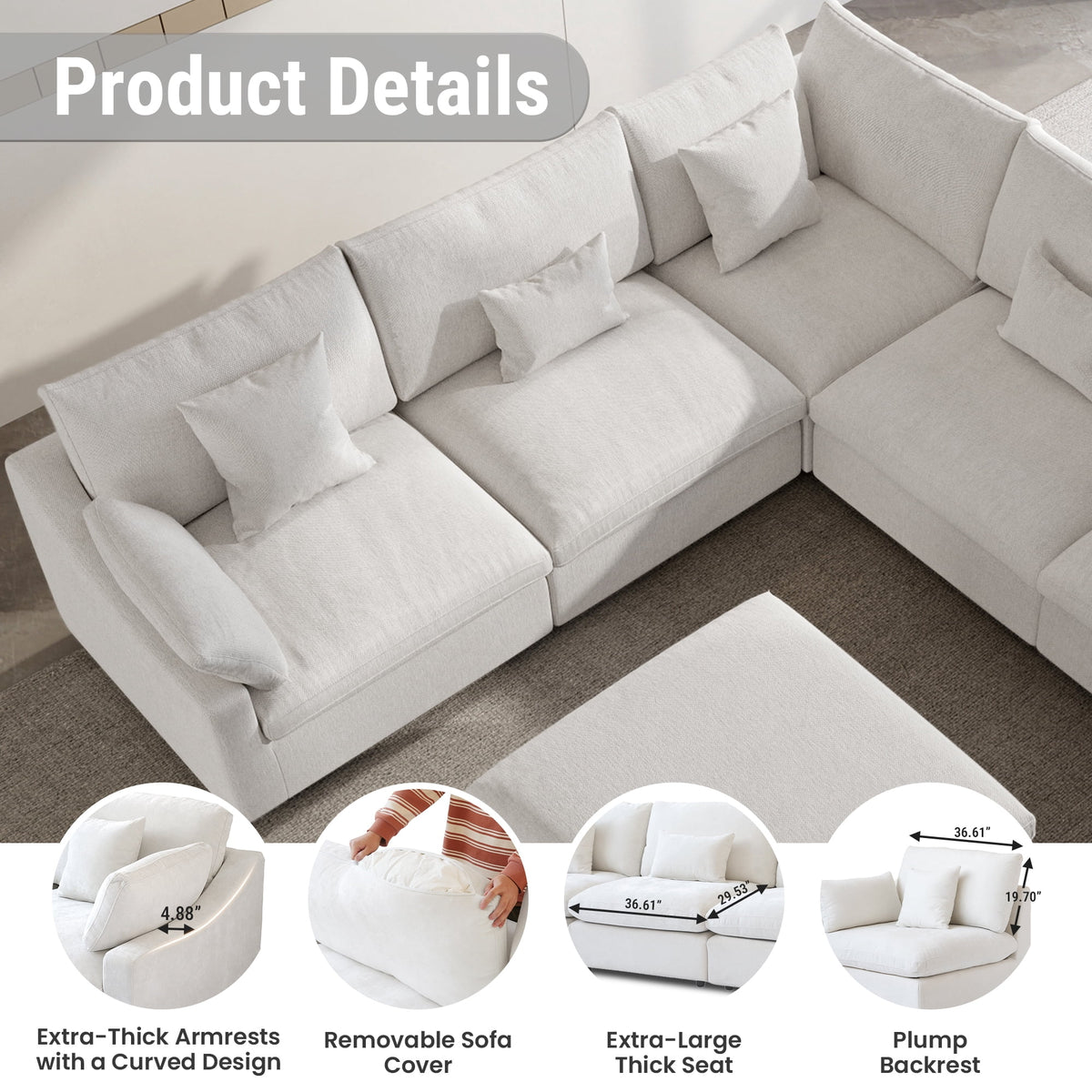 160" Cloud Couch Sectional for Living Room, Down Filled 4 Seater, Convertible Sofa Couch, White