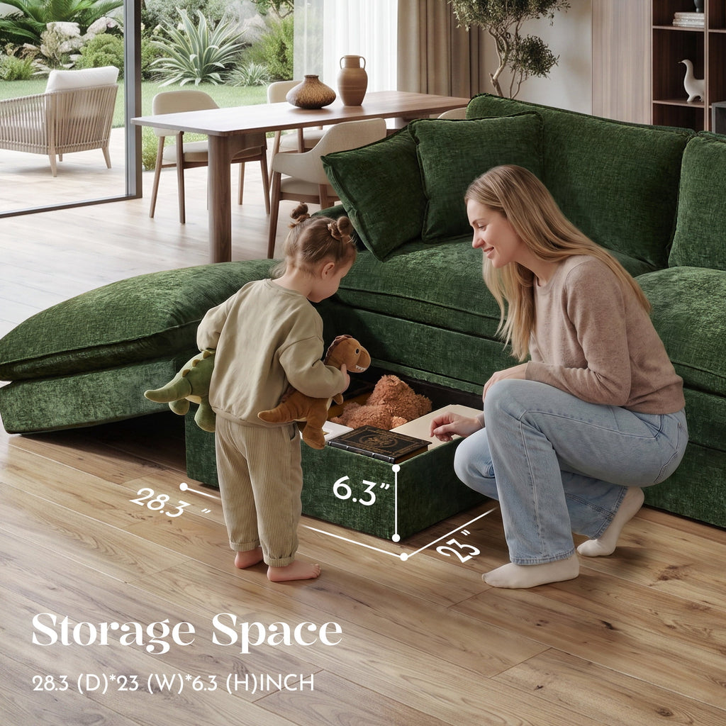 Hombryzy 103" Deep Seat Sectional Sofa with Storage, L Shaped Cloud Couch with Movable Ottomans for Living Room,Green