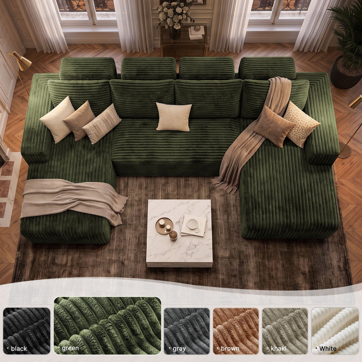 Garaneeds 113" Oversized U Shaped Sectional Sofa for Living Room, Modular Boneless Cloud Couch with Chaise, Corduroy Deep Seat Sofa, High Back Support, No Assembly Required, Green
