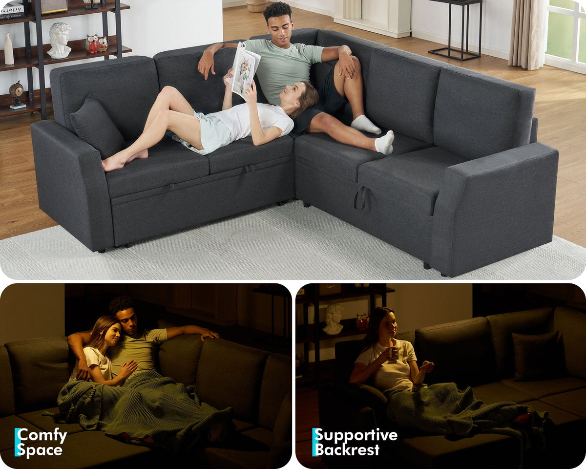 VANACC 85" L-Shaped Sleeper Sofa Bed with Storage, Grey Linen Couch