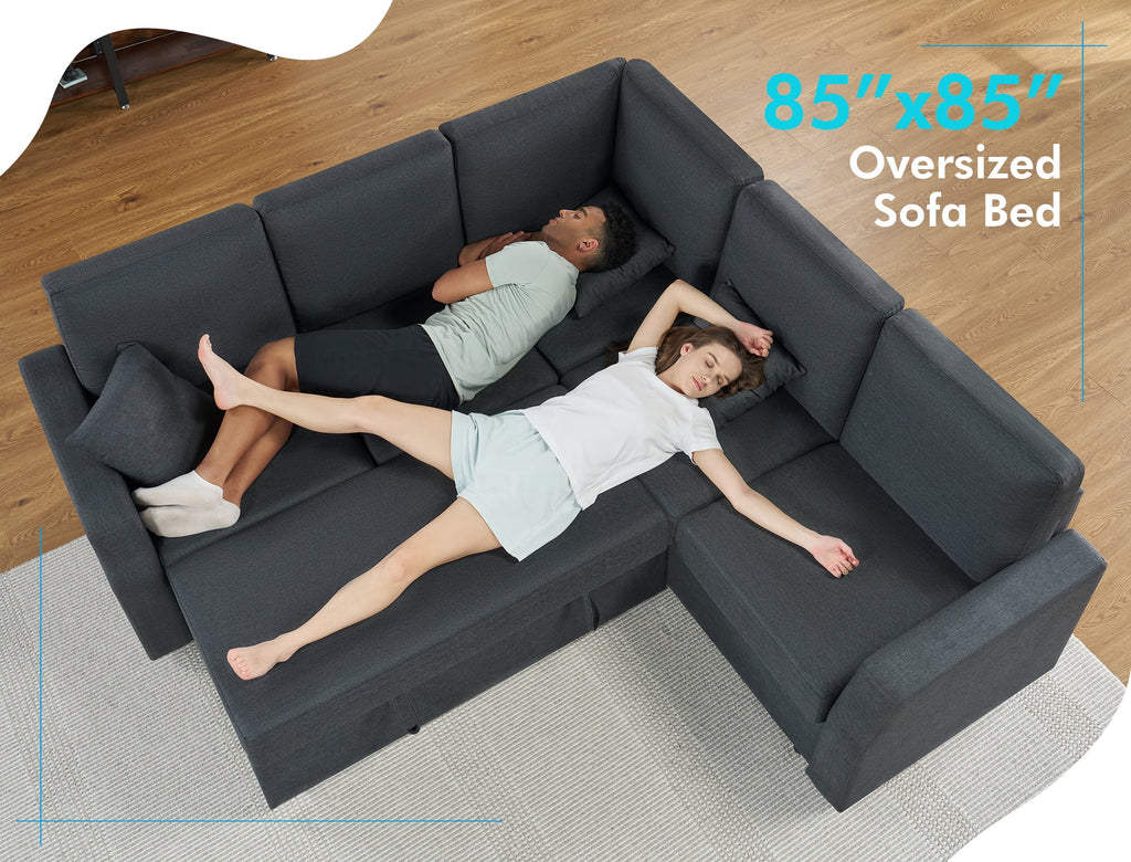 VANACC 85" L-Shaped Sleeper Sofa Bed with Storage, Grey Linen Couch