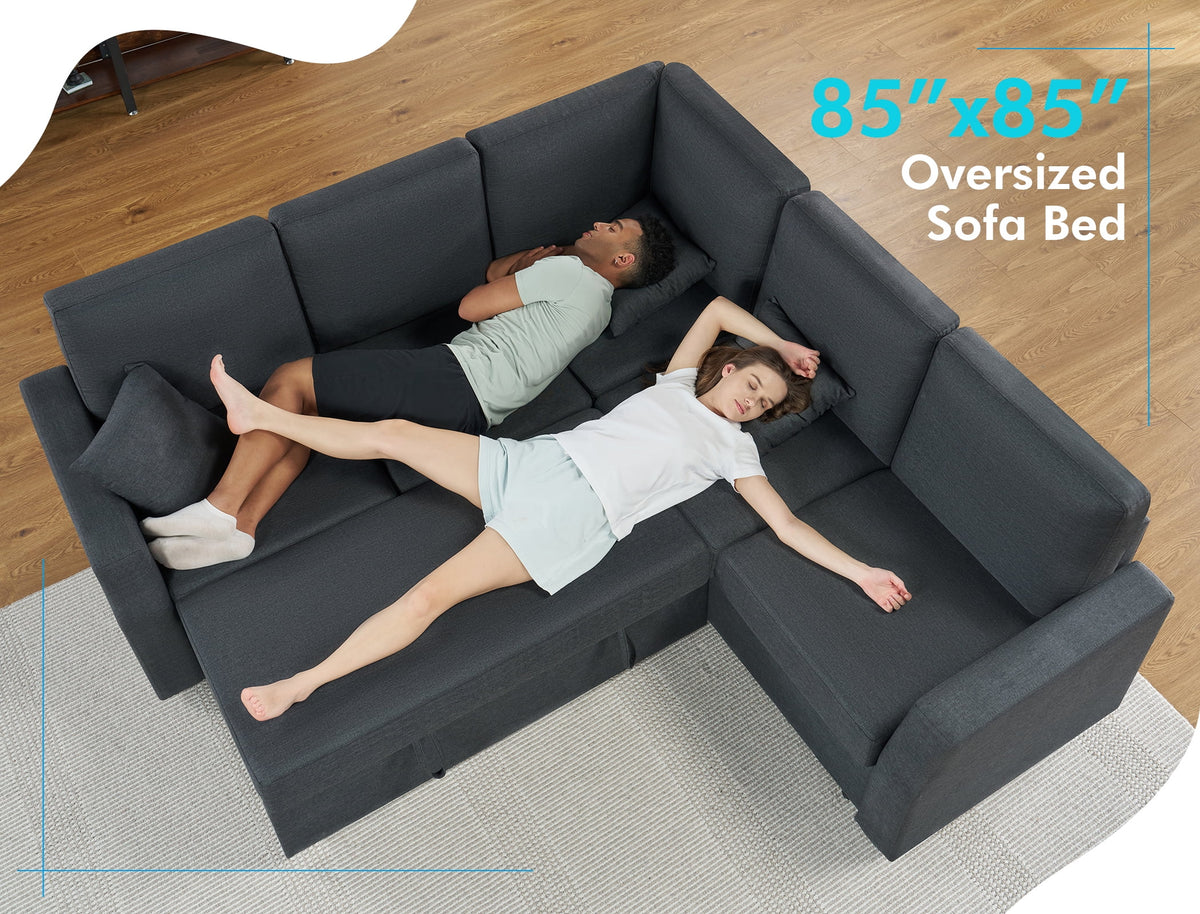 VANACC 85" L-Shaped Sleeper Sofa Bed with Storage, Grey Linen Couch