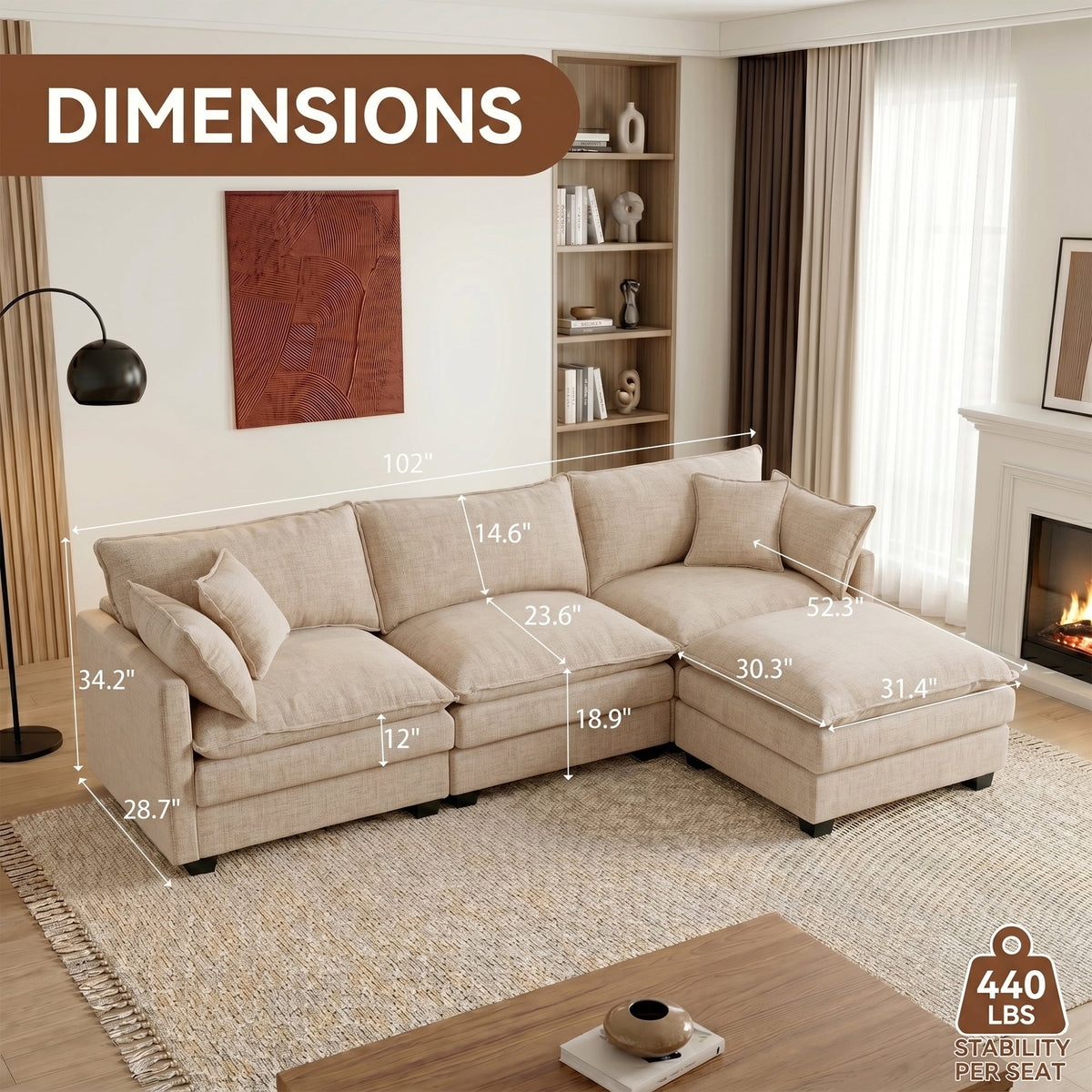 Eyisean 102" Chenille Modular Sectional Sofa with Ottoman, 3-Seater L Shape Cloud Couch with Upholstered & Pillow, Comfy Sleeper Sofa for Living Room, Bedroom, Office, Easy Assembly