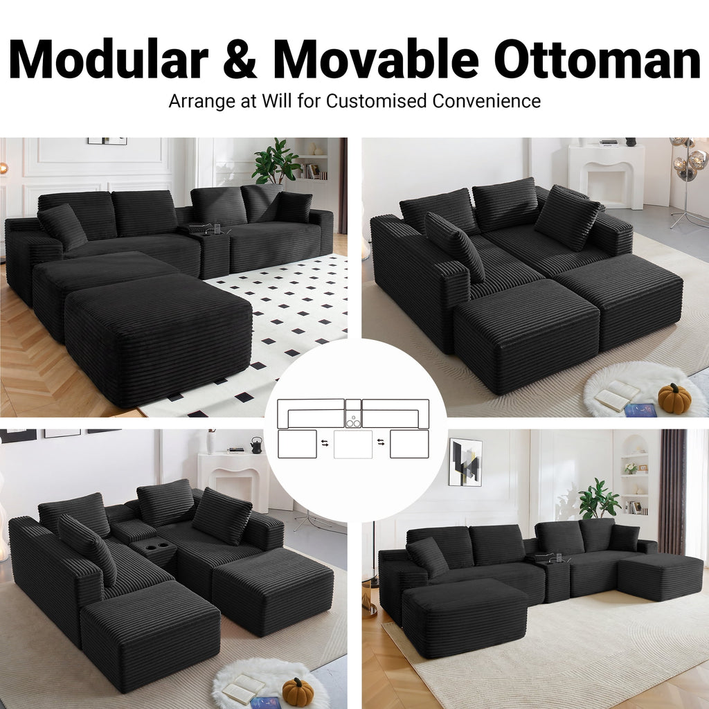  150" Modular Sectional Sofa Couch for Living Room, Corduroy Boneless Sofas, Oversized Modern Cloud Couch, U Shape Couches Deep Seat with USB Ports and Cup Holders, Black