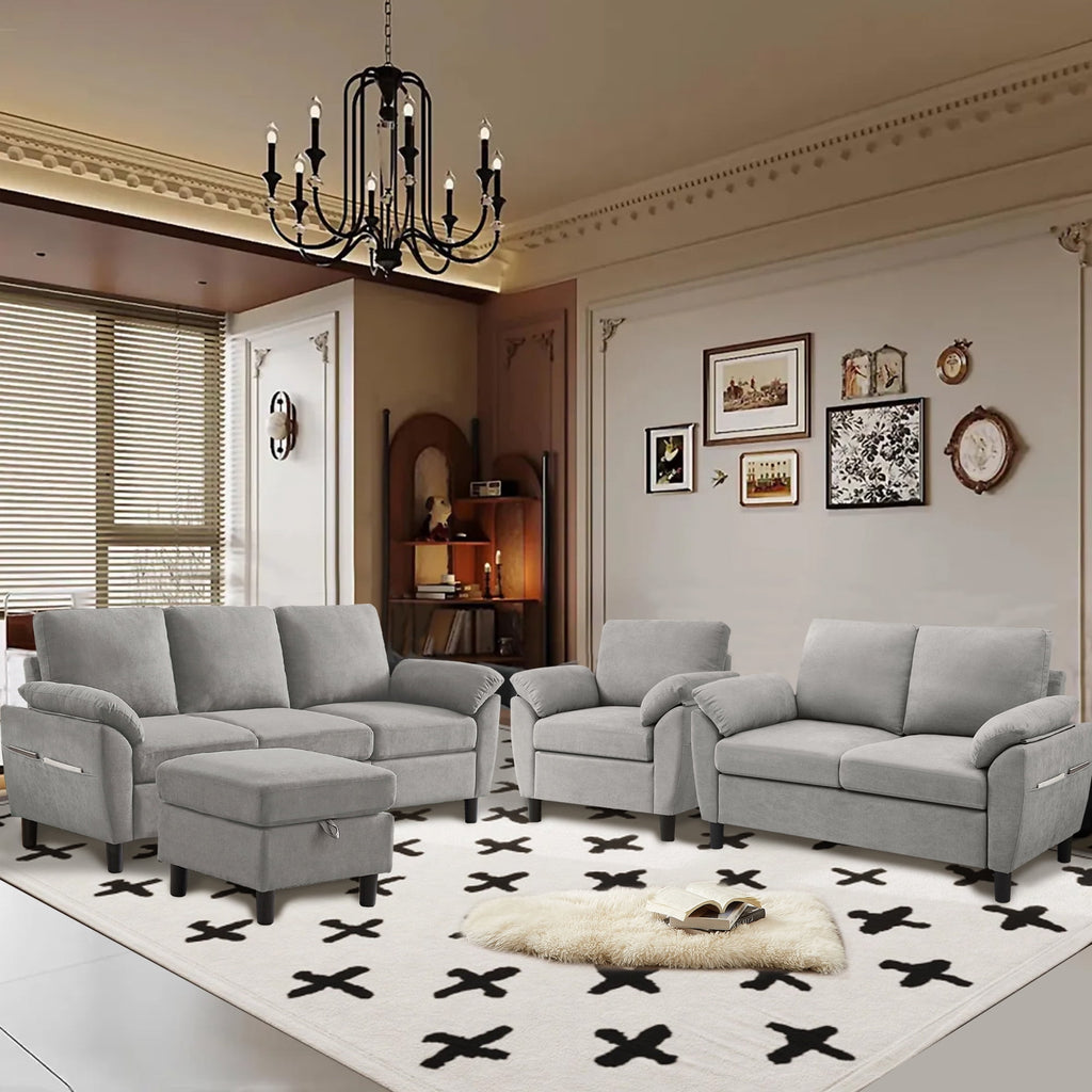  Chireca 4 Piece Convertible Sectional Sofa Set, Modern Linen Small L Shaped Couch with Reversible Chaise, 3-Seater Sofa & Loveseat & Armchair for Living Room, Office, Apartment, Lightgrey