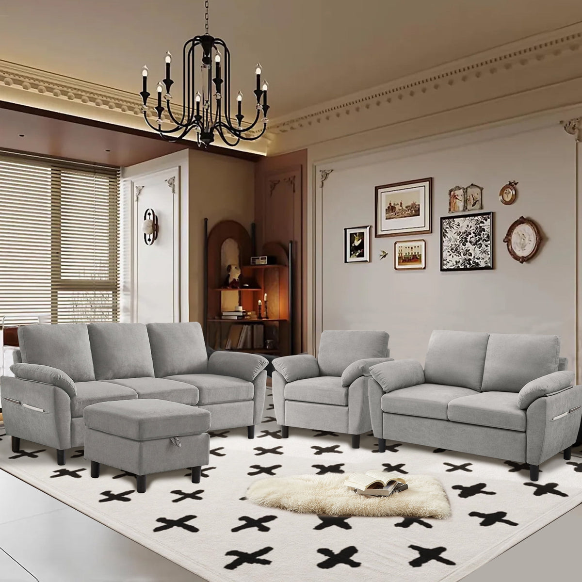  Chireca 4 Piece Convertible Sectional Sofa Set, Modern Linen Small L Shaped Couch with Reversible Chaise, 3-Seater Sofa & Loveseat & Armchair for Living Room, Office, Apartment, Lightgrey