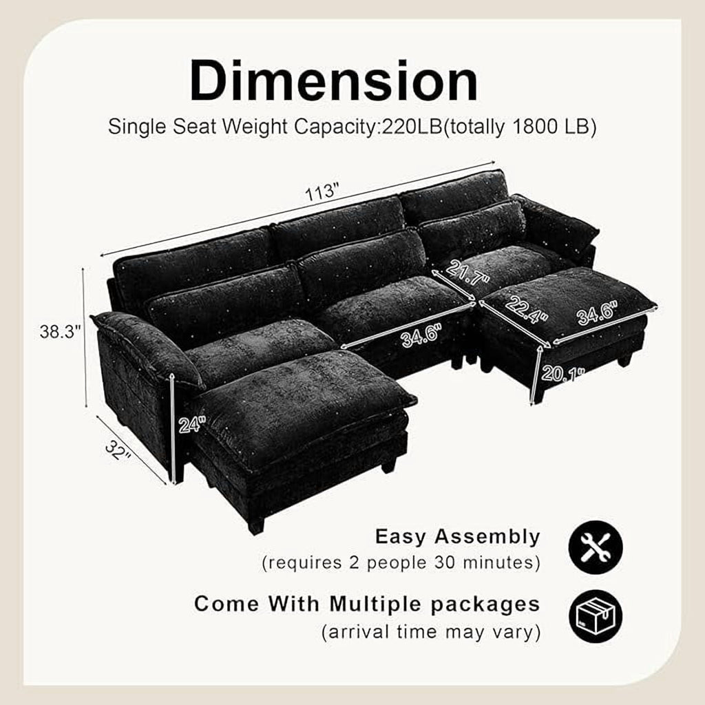  113" Modular Sectional Sofa, U-Shaped 3 Seater Cloud Couch with Movable Ottoman, Deep Seat Chenille Sofa with USB Charging Ports & Side Pockets for Living Room, Black