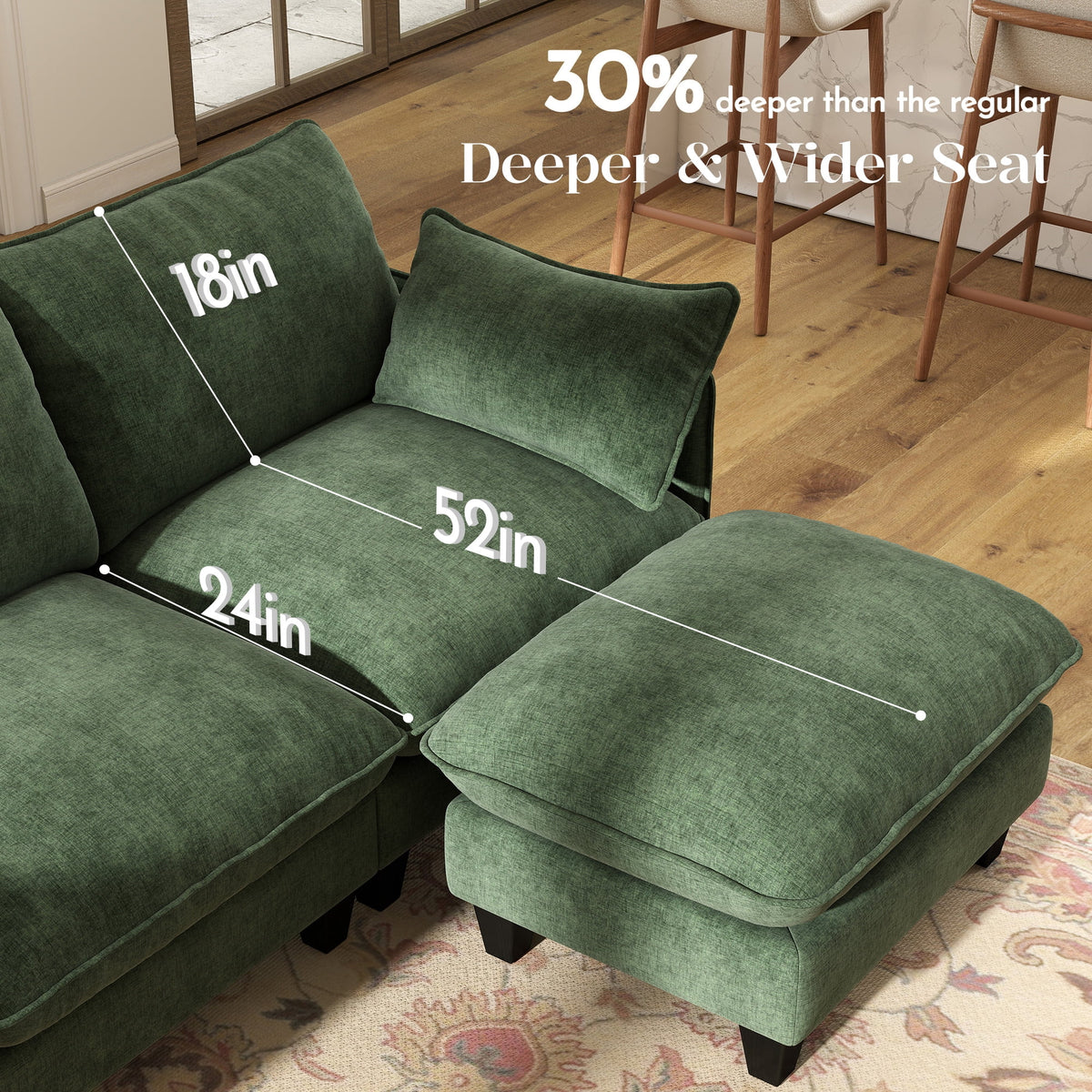  71'' Loveseat Sofa with Movable Ottoman, Cozy Deep Seat Cloud Couch for Living Room,Apartment,Office, 2-Seat,Green