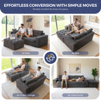 BYBYME Sofa Couch and Round Chaise Lounge,L Shaped Cloud-Plush Corduroy Boneless Floor Sofa Bed,Tufted Upholstered Sleeper Chair for Living Room,Dark Grey