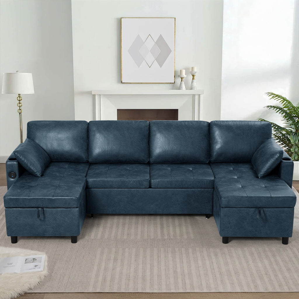 ACMEASE 108" Suede Leather Sectional Sofa w/Adjustable Backrests, Pull Out Sofa Bed w/USB Charger Port& Reversible Storage Chaise,Convertible U-Shaped Sofa with Cup Holders for Living Room,Blue