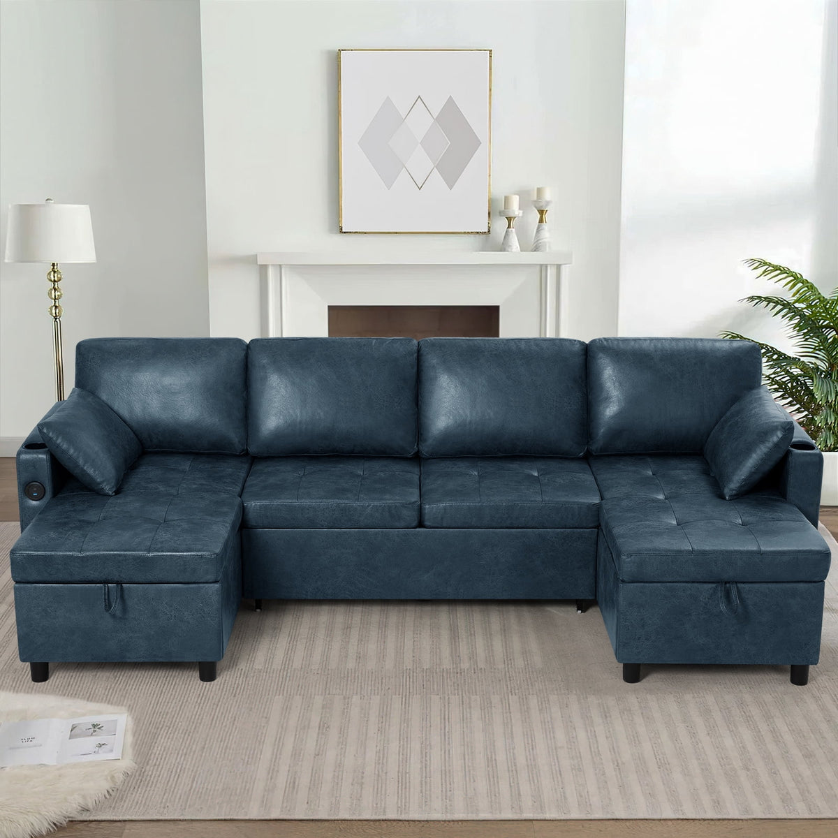 ACMEASE 108" Suede Leather Sectional Sofa w/Adjustable Backrests, Pull Out Sofa Bed w/USB Charger Port& Reversible Storage Chaise,Convertible U-Shaped Sofa with Cup Holders for Living Room,Blue