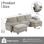  120" W Sectional Sofa U Shaped Couch with Double Chaise Chenille Sleeper Set with 3 Oversized Seats Light Gray