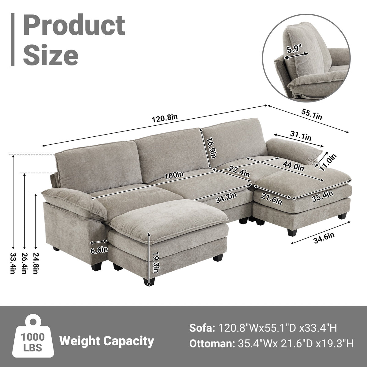  120" W Sectional Sofa U Shaped Couch with Double Chaise Chenille Sleeper Set with 3 Oversized Seats Light Gray