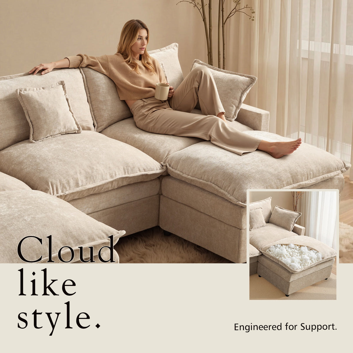 Toject 107.87" Modular Sectional Sofa U Shaped Cloud Couch, Chenille 4 Seat Deep Seat Sofa with 2 Movable Ottomans for Living Room Bedroom Apartment, Oatmeal