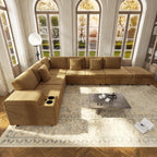 Sectional Sleeper Sofa with Pull Out Bed,110" L-Shaped Modular 6-Seater Cloud Sectional Couch,Convertible Corduroy Sofa for Living Room,Ottoman with USB Charging Ports & Cup Holders,Camel