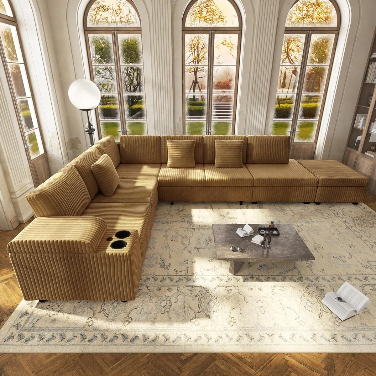 Sectional Sleeper Sofa with Pull Out Bed,110" L-Shaped Modular 6-Seater Cloud Sectional Couch,Convertible Corduroy Sofa for Living Room,Ottoman with USB Charging Ports & Cup Holders,Camel