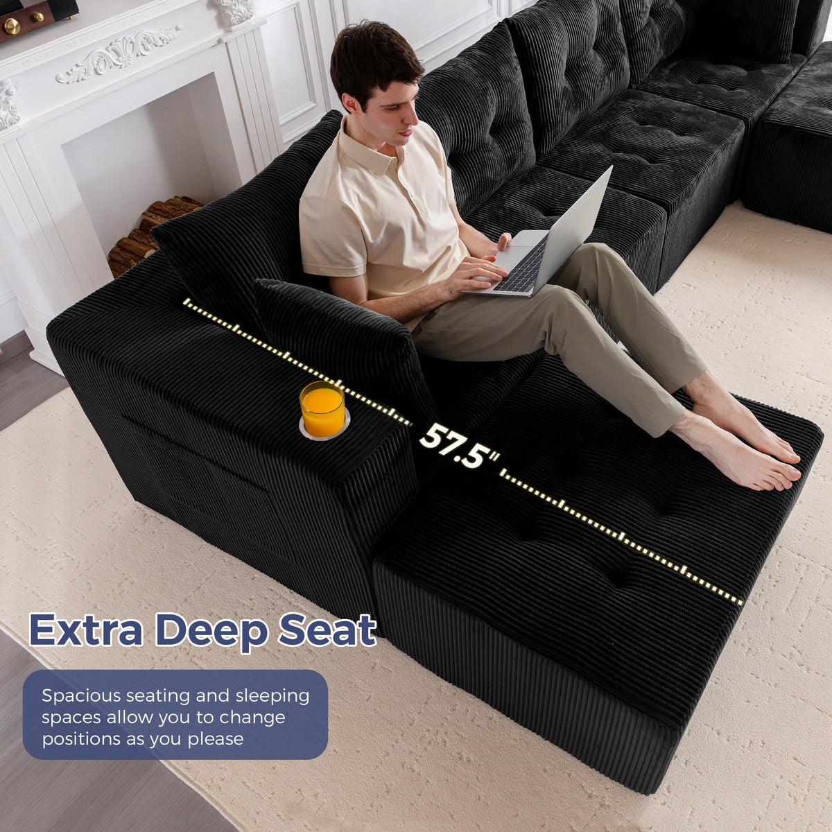BYBYME Cloud Sectional Couch with U-Shape Chaise Modern Comfy Modular Corduroy Sofa for Living Room,Tufted 6-Seat Sleeper Chair with 2 Ottoman,Sofa in A Box,No Assembly Required,Black