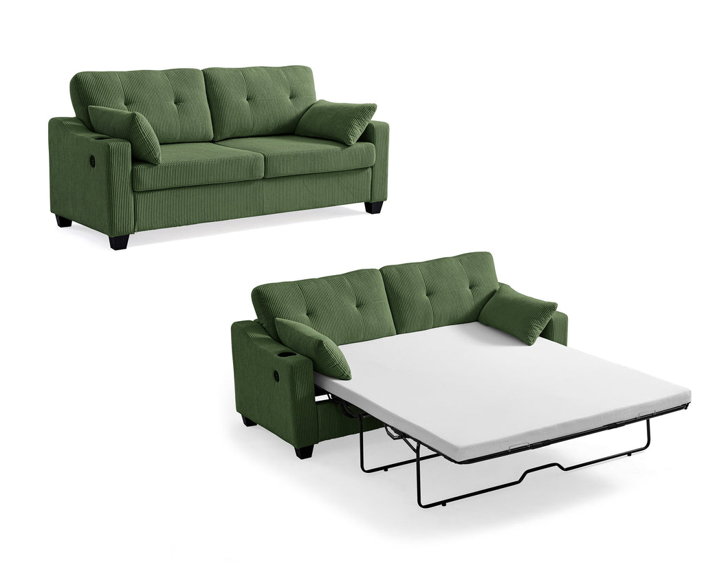 CHIC HOUSE Pull Out Sofa Bed Couch Queen Size with Mattress USB, Convertible Sleeper Sofa Loveseat for Small Spaces RV, Corduroy Pull Out Couch Bed for Living Room with Cup Holders LED Lights, Green