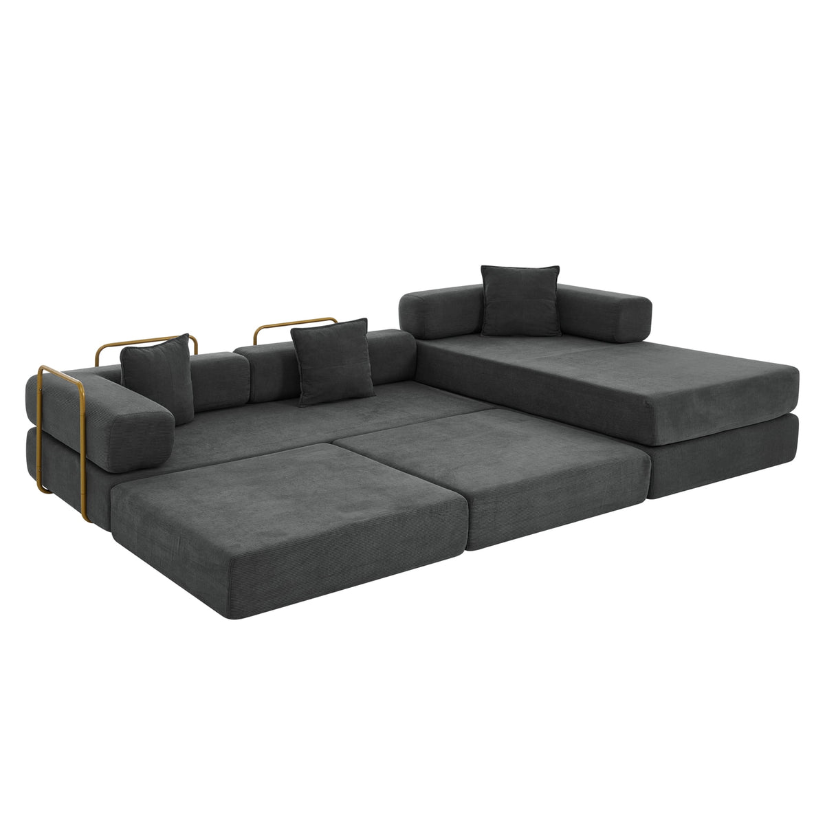  108" Modular Sectional Sofa Bed, Convertible Folding Sofa Bed, Modern Cloud Corduroy Boneless Sofa with Deep Seat, Fold-Out Futon Couch Bed for Living Room, No Assembly Required, Grey